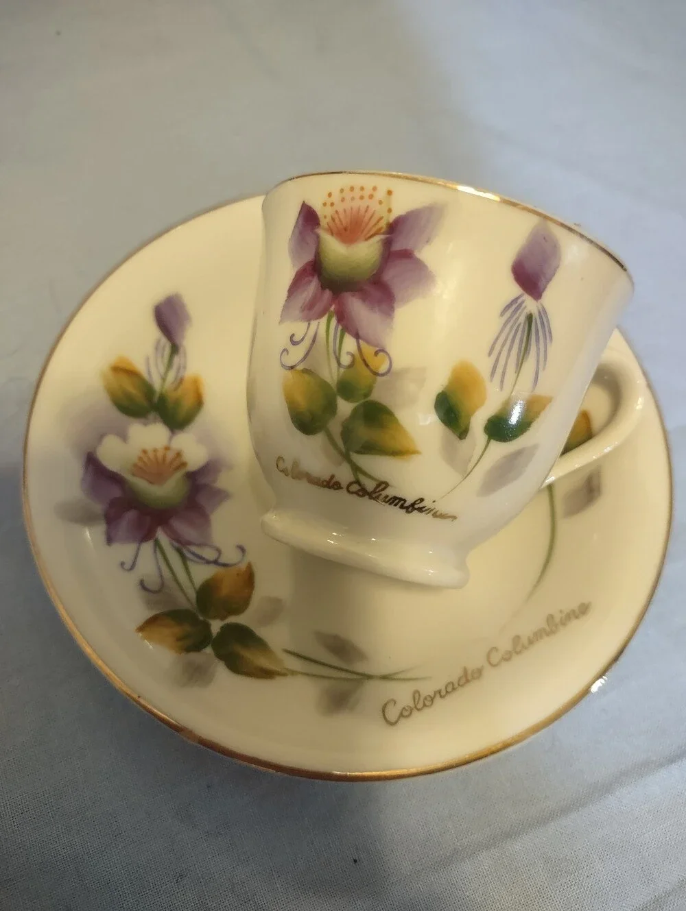 Colorado Columbine Hand-Painted Demitasse Cup & Saucer - Purple Floral Japan